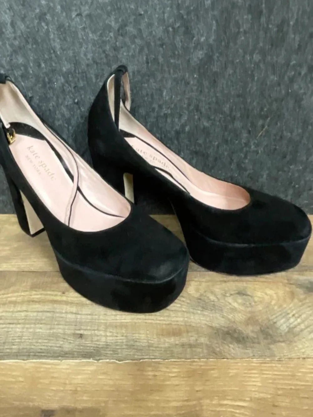 kate spade Black Suede Platform Block Heel Mary Jane Pumps